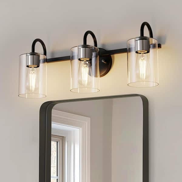 YANSUN 24 in. 3-Light Black Vanity Light with Cylinder Clear Glass Shades for Bathroom, Mirror, Living Room