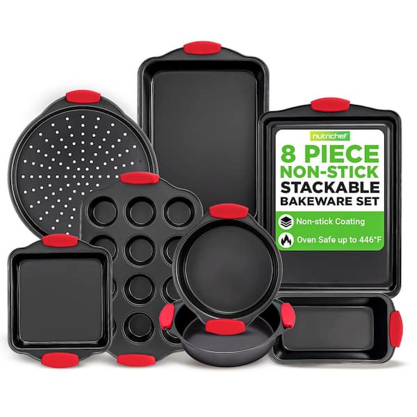 Non-Stick Kitchen Oven Baking Pans, 8 Piece Set, Deluxe Nonstick Gray Coating, Red Handles (HDNCSBS8S)
