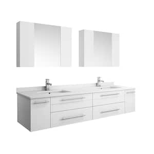 Lucera 72 in. W Wall Hung Vanity in White with Quartz Double Sink Vanity Top in White with White Basins,Medicine Cabinet