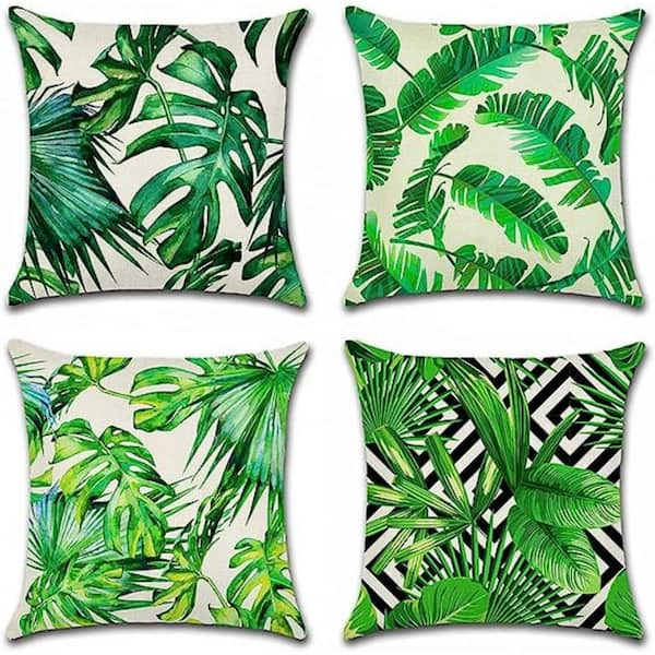 18 in. x 18 in. Outdoor Decorative Throw Pillow Covers Tropical Plants Waterproof Cushion Covers (Set of 4), Green