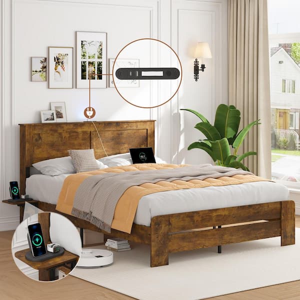 Rustic Brown MDF+Steel Frame Full Platform Bed, Bed Frame with Storage Shelf, Built-in Charging Station