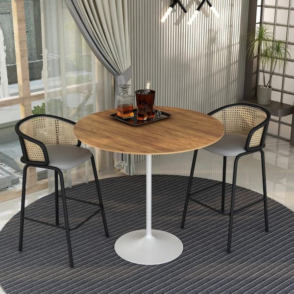 Leisuremod Verve 48 in. Bar Table Round MDF Tabletop Bistro Table in White Stainless Steel Pedestal Base in Cognac Brown