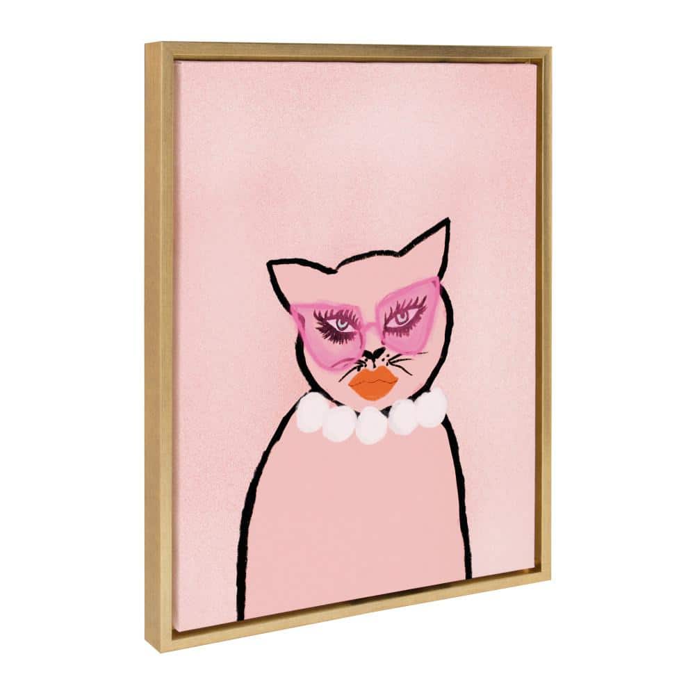 Sylvie Pink Cat in Pearls Canvas Wall Art with Gold Frame