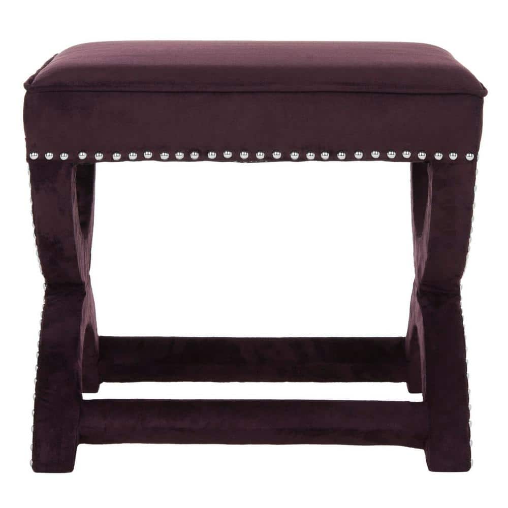 Plum Velvet Ottoman with Silver Nailhead Trim