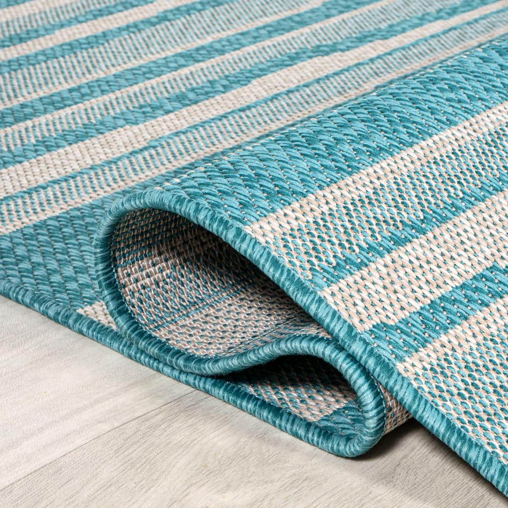 Aqua and Cream Stripe Synthetic 4' x 6' Indoor/Outdoor Rug