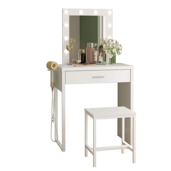 Vanity Desk Makeup Vanity with LED Lighted Mirror and Cushioned Storage  Makeup Stool, small Vanity Table Set with Movable Bedside Table for Family