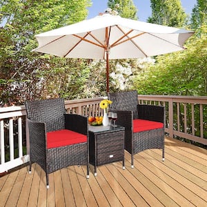 3-Pieces PE Rattan Wicker Patio Conversation Set Chairs Coffee Table Garden with Red Cushion