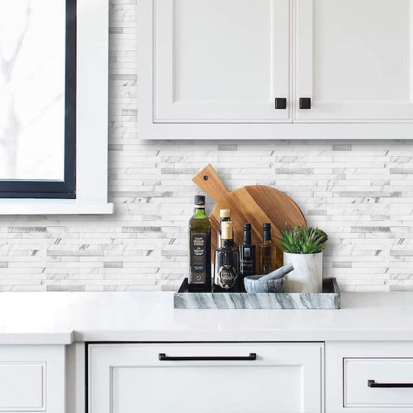 White 11.7 in. x 5.9 in. PVC Peel and Stick Backsplash Tile, Marble Look, 20-Pack