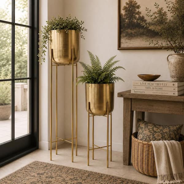39 in., and 46 in. Extra Large Gold Metal Tall Indoor Outdoor Dome Planter with Removable Stand (2- Pack)