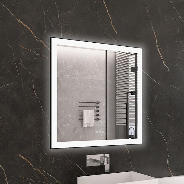 KariMo 36 in. W x 36 in. H Rectangular Black Framed Wall Bathroom Vanity Mirror with Backlit Front Light, Dimmable