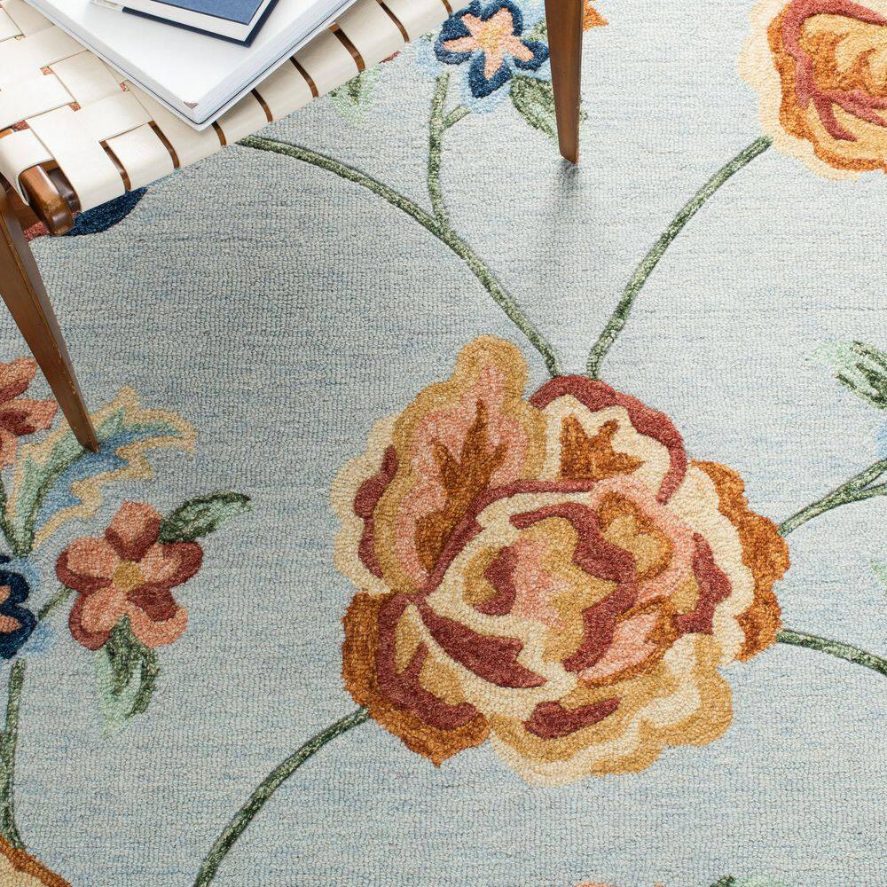 Handmade Blue Floral Wool Tufted Area Rug, 5' x 8'
