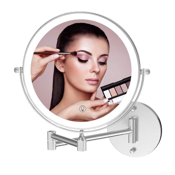 Fab Glass and Mirror 8 in. W x 8 in. H Small Round 3-Color LED 1X/10X Magnifying Wall Mount Bathroom Makeup Mirror in Chrome