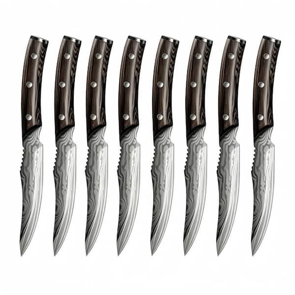 8-Piece 4.8 in. Carbon Steel Japanese Steak Knife Set with Wooden Handle, Non-Serrated and Pattern Full Tang Design