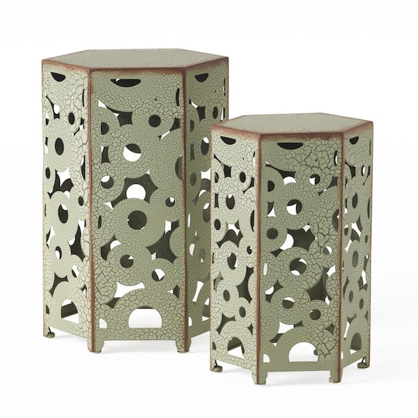 Green Hexagon Iron 22 in. H and 18.25 in. H Outdoor Side Tables for Patio, Garden, Backyard