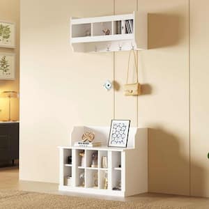 Shoe Storage Bench with Shelves and 4-Hooks, Elegant Hall Tree with Wall Mounted Coat Rack, Entryway Organizer, White