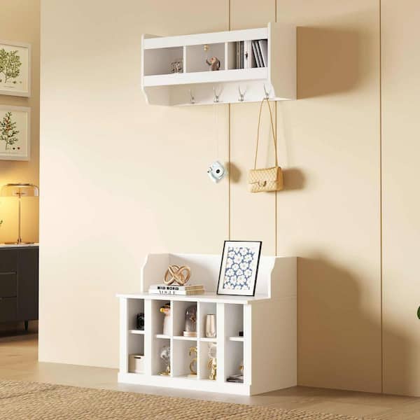 Polibi Shoe Storage Bench with Shelves and 4-Hooks, Elegant Hall Tree with Wall Mounted Coat Rack, Entryway Organizer, White