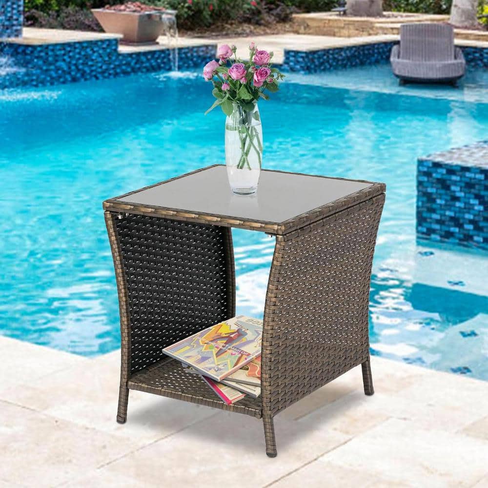 Dark Blonde Square Wicker Outdoor Side Table, Outdoor Square Side Tables fo