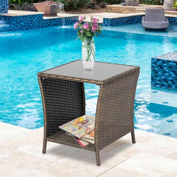 Unbranded Dark Blonde Square Wicker Outdoor Side Table, Outdoor Square Side Tables for Patio Garden Porch