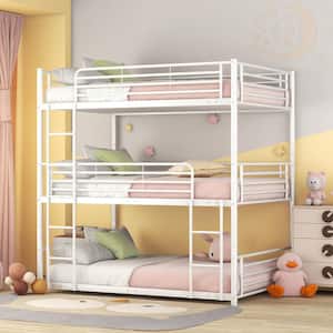 White Full Size Triple Metal Bunk Bed with Built-in Ladder, Divided into 3-Separate Beds