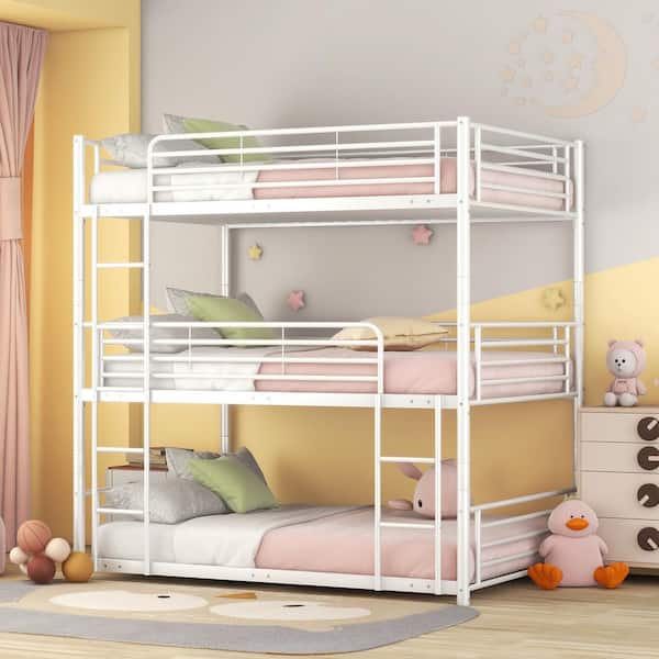 Harper & Bright Designs White Full Size Triple Metal Bunk Bed with Built-in Ladder, Divided into 3-Separate Beds