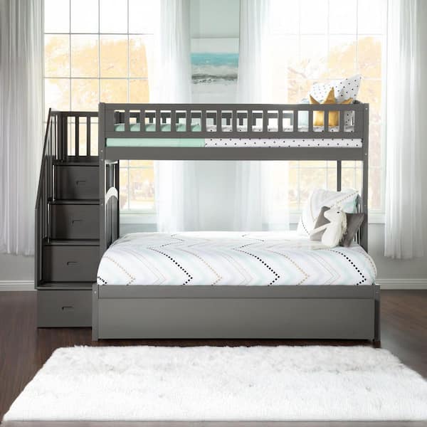 Westbrook Staircase Bunk Twin over Full with Full Size Urban Trundle Bed in Grey