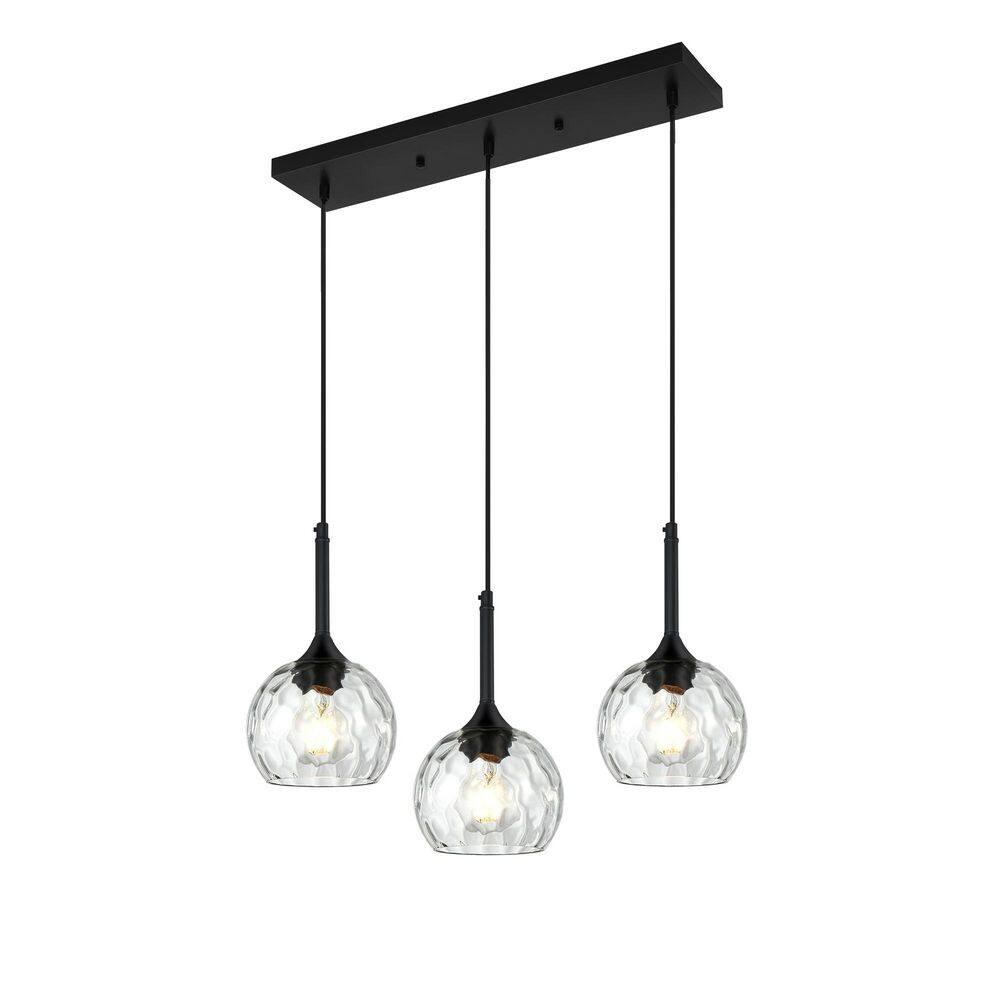 Winsmart 3-Light Pendant Light – Adjustable Hanging Fixture With Clear Hammered Glass Shades, Black Finish, For Kitchen Island, Dining Room, Entryway, E26 Base (Bulbs Not Included)