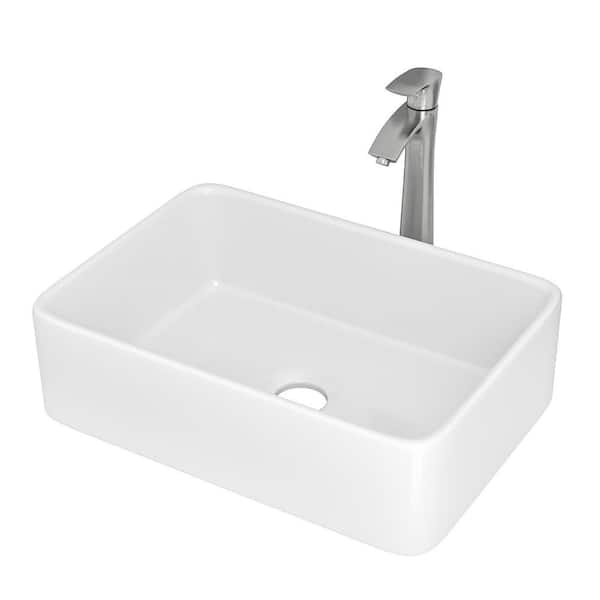 Miscool Amie 19 in. Rectangular White Ceramic Bathroom Vessel Sink With Brushed Nickel Faucet
