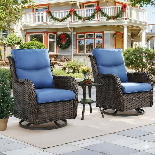 LunaCurve 3-Piece Brown Swivel Glider Wicker Outdoor Rocking Chair with 5 in. Olefin Navy Blue Cushions and Side Table