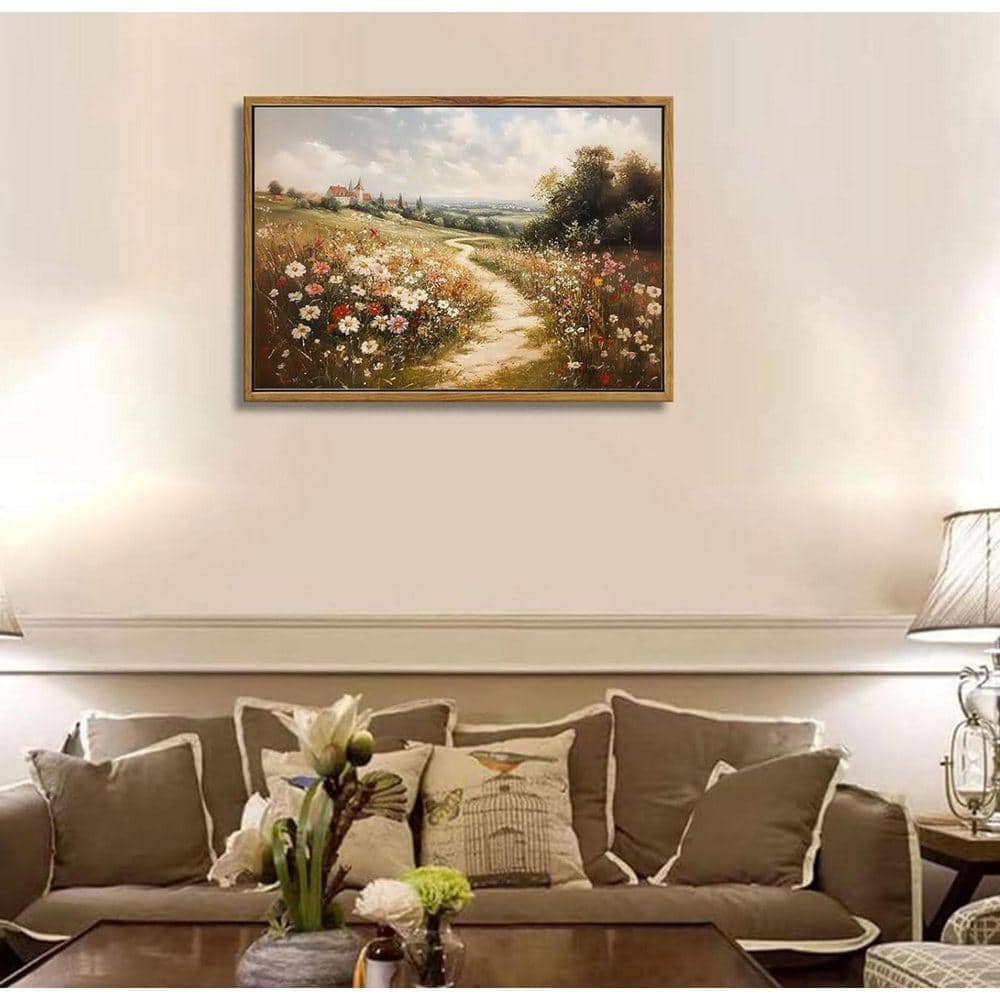 Framed Vintage Wildflower Landscape Canvas Wall Art Decor, 16 in