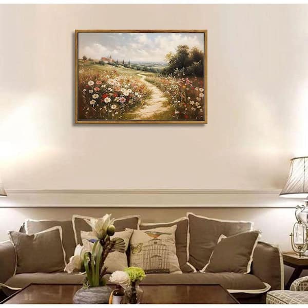Framed Vintage Wildflower Landscape Canvas Wall Art Decor, 16 in