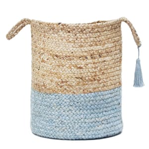 Tan / Baby Blue 19 in. Two-Tone Natural Jute Woven Decorative Storage Basket with Handles