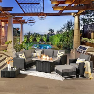 Mille Lacs Black 9-Piece Wicker Outdoor Patio Conversation Sectional Sofa Set with a Fire Pit and Dark Grey Cushions