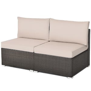 2-Piece Steel Frame Wicker Rattan Outdoor Armless Loveseat with Brown Cushions and Pillows