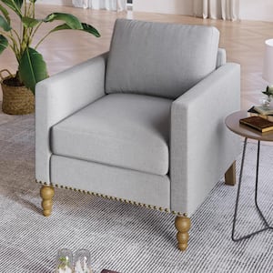 Light Gray Linen Upholstered Accent Chair with Bronze Nailhead Trim, Square Arms and Unique Elegant Legs