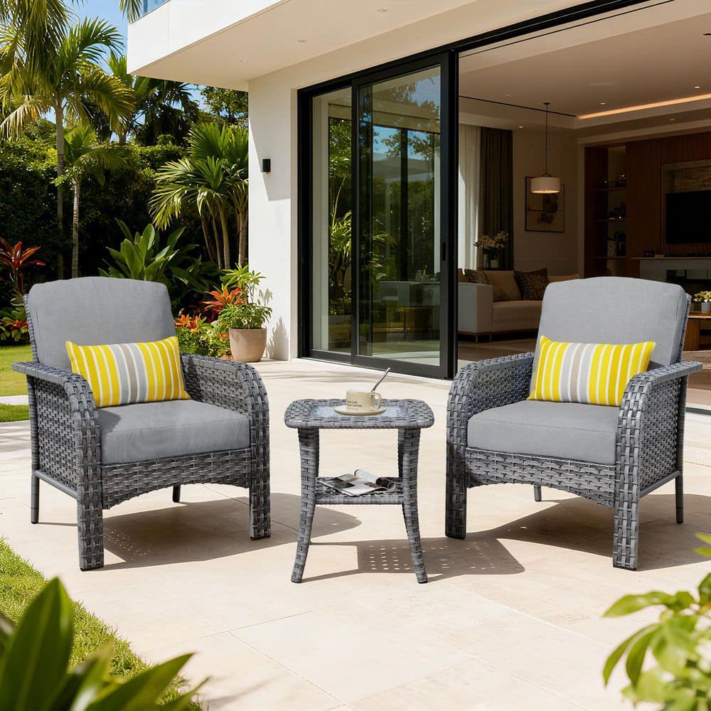 3-Piece Wicker Outdoor Patio Conversation Set with Dark Gray Cushions and Side Table price history on PriceWatchPro