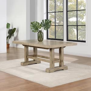 Napa Weathered Sand 72 in. Wood Twin Pedestal Base Dining Table Seats 10 with 2 18 in. Leaves