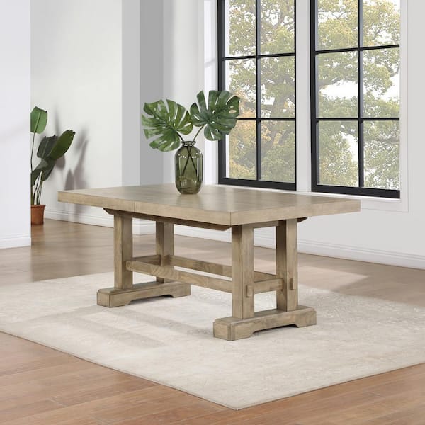 Steve Silver Napa Weathered Sand 72 in. Wood Twin Pedestal Base Dining Table Seats 10 with 2 18 in. Leaves