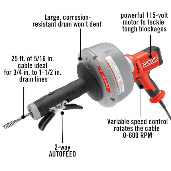 K-45AF-5 Drain Cleaning Autofeed Snake Auger Machine with C-1 5/16 in. x 25 ft. Inner Core Cable, Gloves + 5 Pc Tool Set