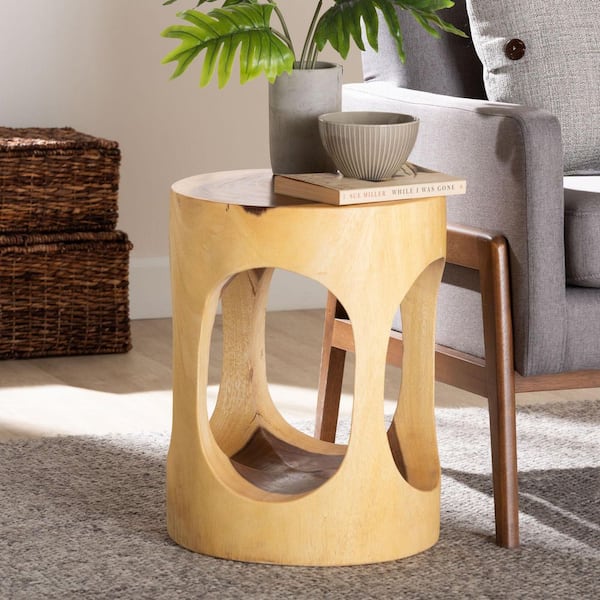 Kaseko 13.8 in. Natural Brown Round Suar Wood End Table