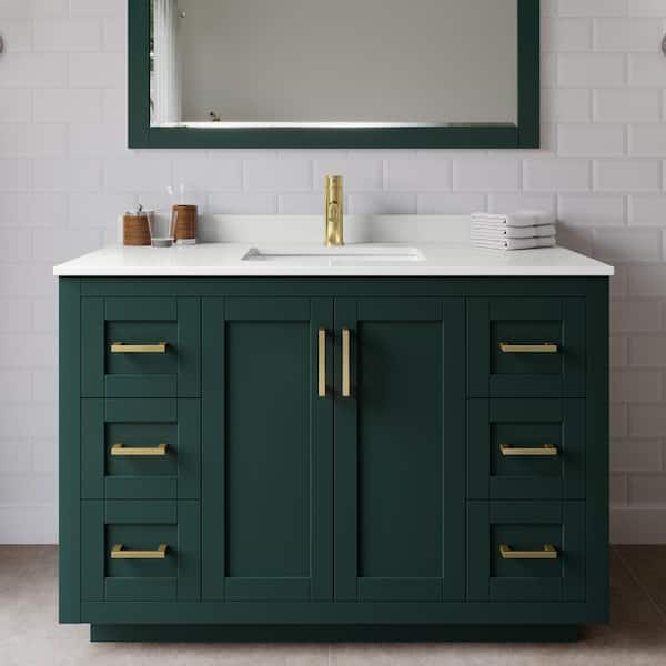 Wyndham Collection Miranda 48 in. W x 22 in. D x 33.75 in. H Single Bath Vanity in Green with White Quartz Top and 46 in. Mirror