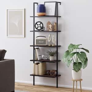 Theo Walnut Brown 5-Shelf Ladder Bookcase or Bookshelf with Black Metal Frame