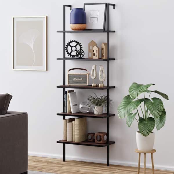 Nathan James Theo Walnut Brown 5-Shelf Ladder Bookcase or Bookshelf with Black Metal Frame