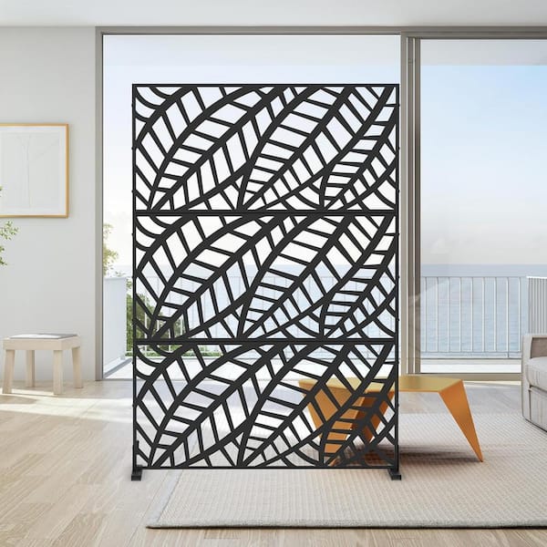 70 in. Metal Outdoor Patio Screen Panels Decorative Fences Indoor Room Space Divider Privacy Screen, Leaf