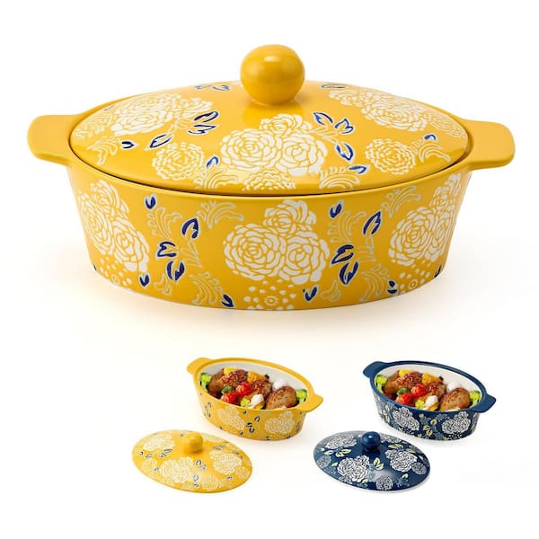 1-Piece Oval Ceramic Porcelain Casserole Dish Set with Lid, 81.16 oz, Oven, Microwave, Dishwasher Safe, in Yellow