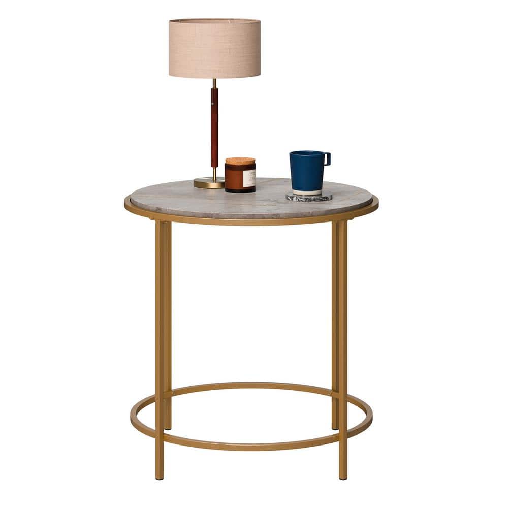 Lux Deco Stone and Satin Gold Round Metal Side Table