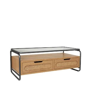 47 in. Brown Medium Rectangle Glass 1 Shelf Coffee Table with 2 Cane Front Drawers and Gray Metal Frame