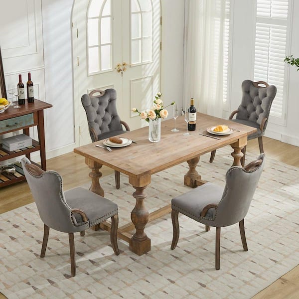 Gray Wooden Velvet Upholstered Dining Chairs (Set of 2) with Handles on Top and Sides for Kitchen Dining Room