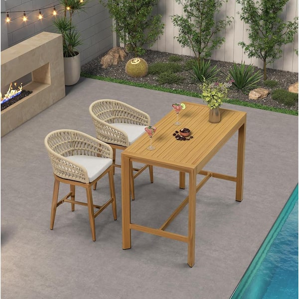 Modern Aluminum Rattan Counter Height Outdoor Bar Stool with Back and Beige Cushion (2-Pack)