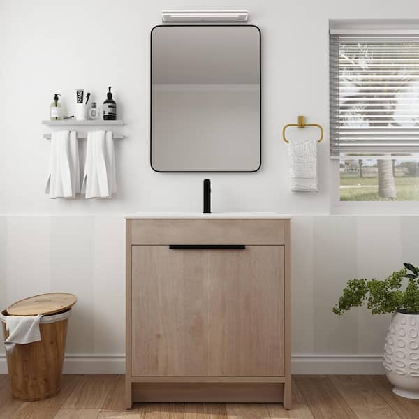 Unbranded 30 in. W x 18 in. D x 34 in. H Freestanding Single Sink Bath Vanity in Plain Light Oak with White Ceramic Top