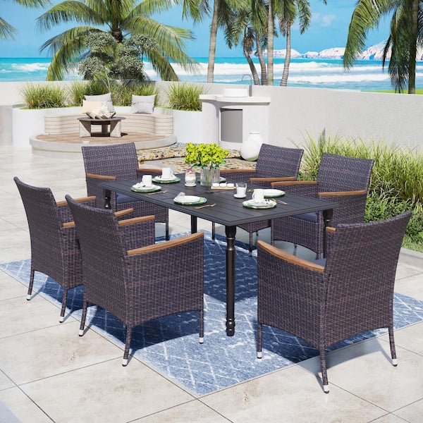 PHI VILLA Black 7-Piece Metal Patio Outdoor Dining Set with Slat Rectangle Table and Rattan Chairs with Blue Cushion
